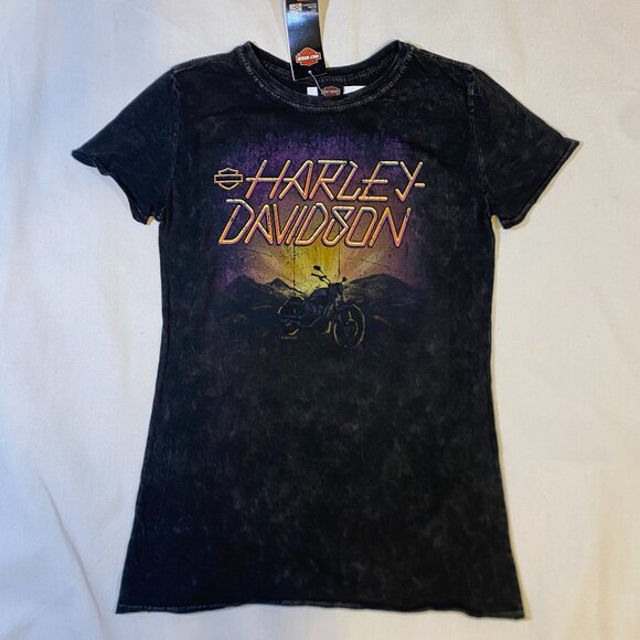 Harley-Davidson Women’s T-Shirt NWT Retro Neon Sunset Motorcycle Graphic Sz SM - Picture 1 of 4
